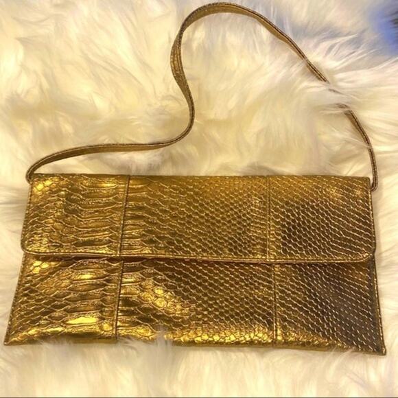 Jessica McClintock Gold Faux Crocodile Clutch Shoulder Bag - Picture 3 of 8